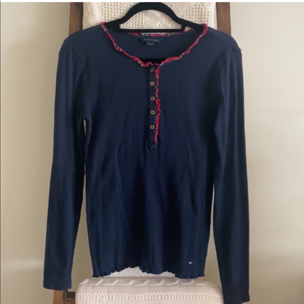 Tommy Hilfiger button detailed navy ribbed long sleeve shirt